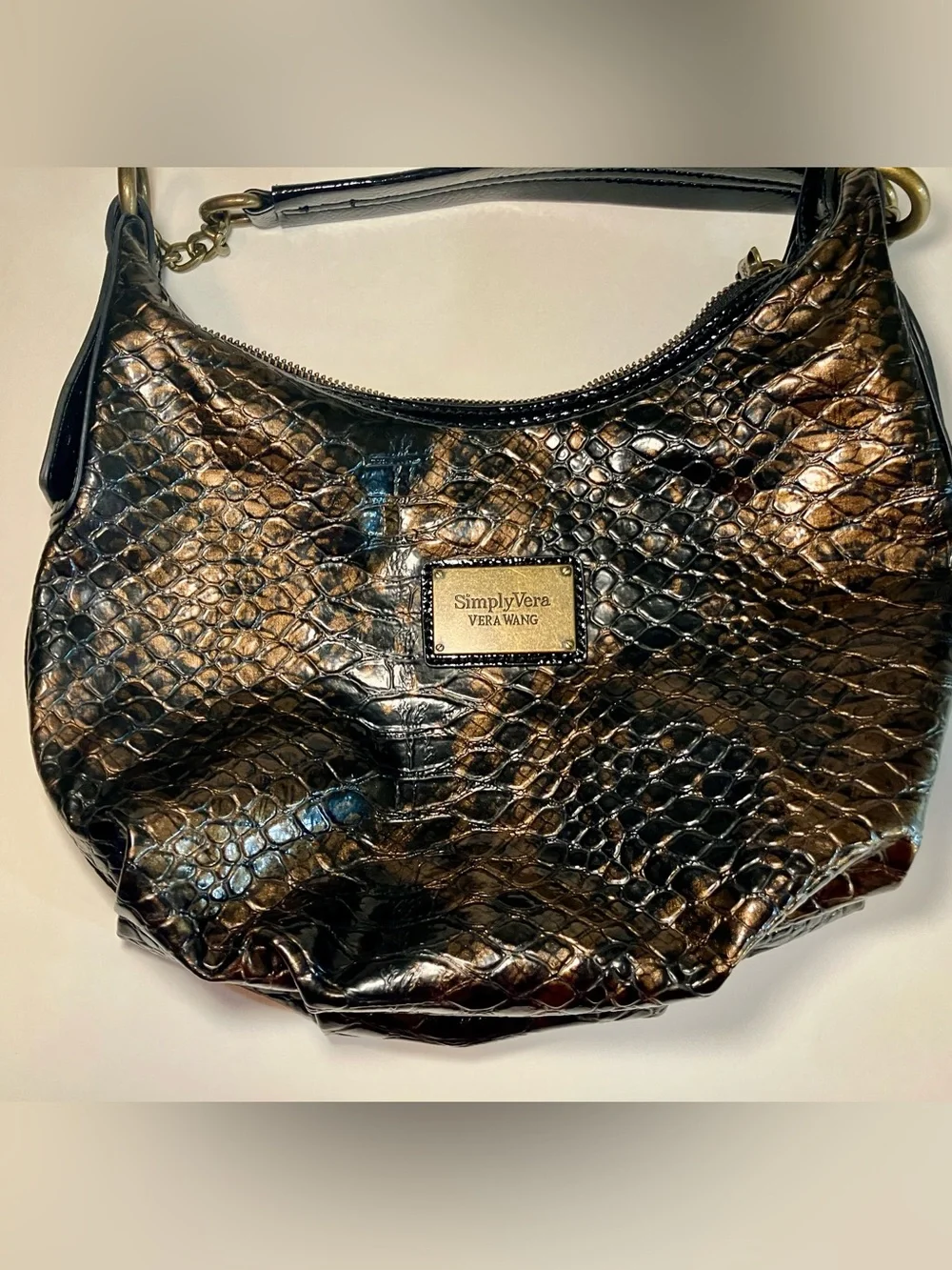 Simply Vera Vera Wang Bronze Black Croc Hobo Bag Metallic
